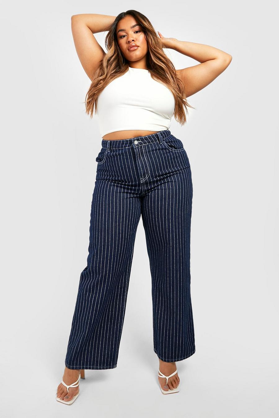 Navy Plus High Waisted Pinstripe Wide Leg Jeans image number 1
