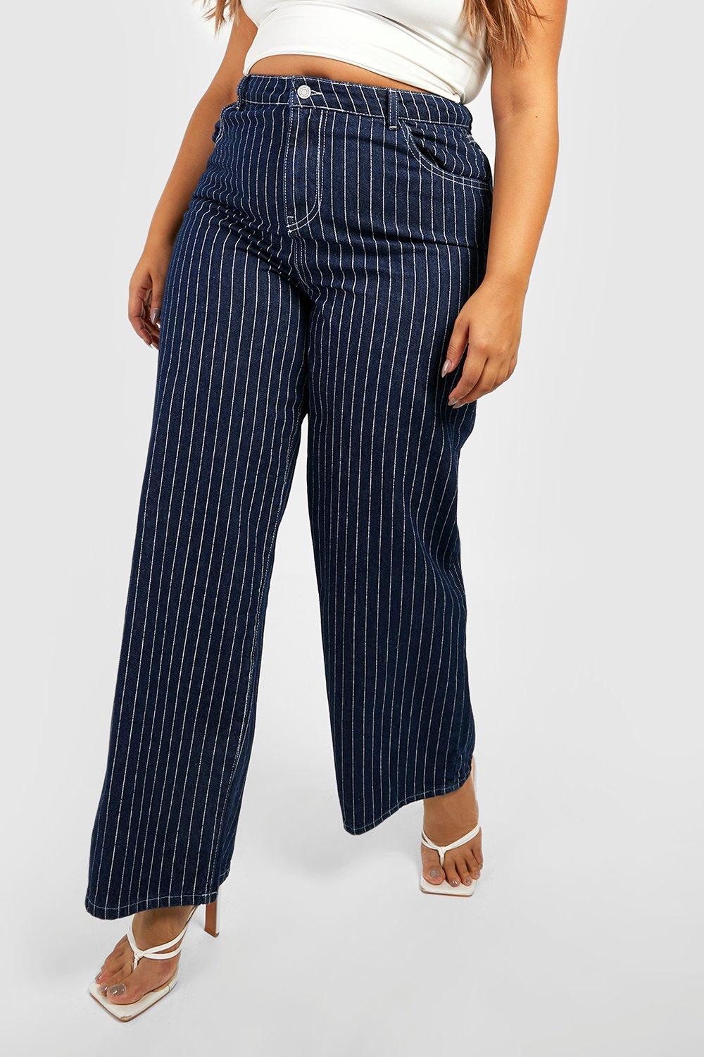 Plus High Waisted Pinstripe Wide Leg Jeans