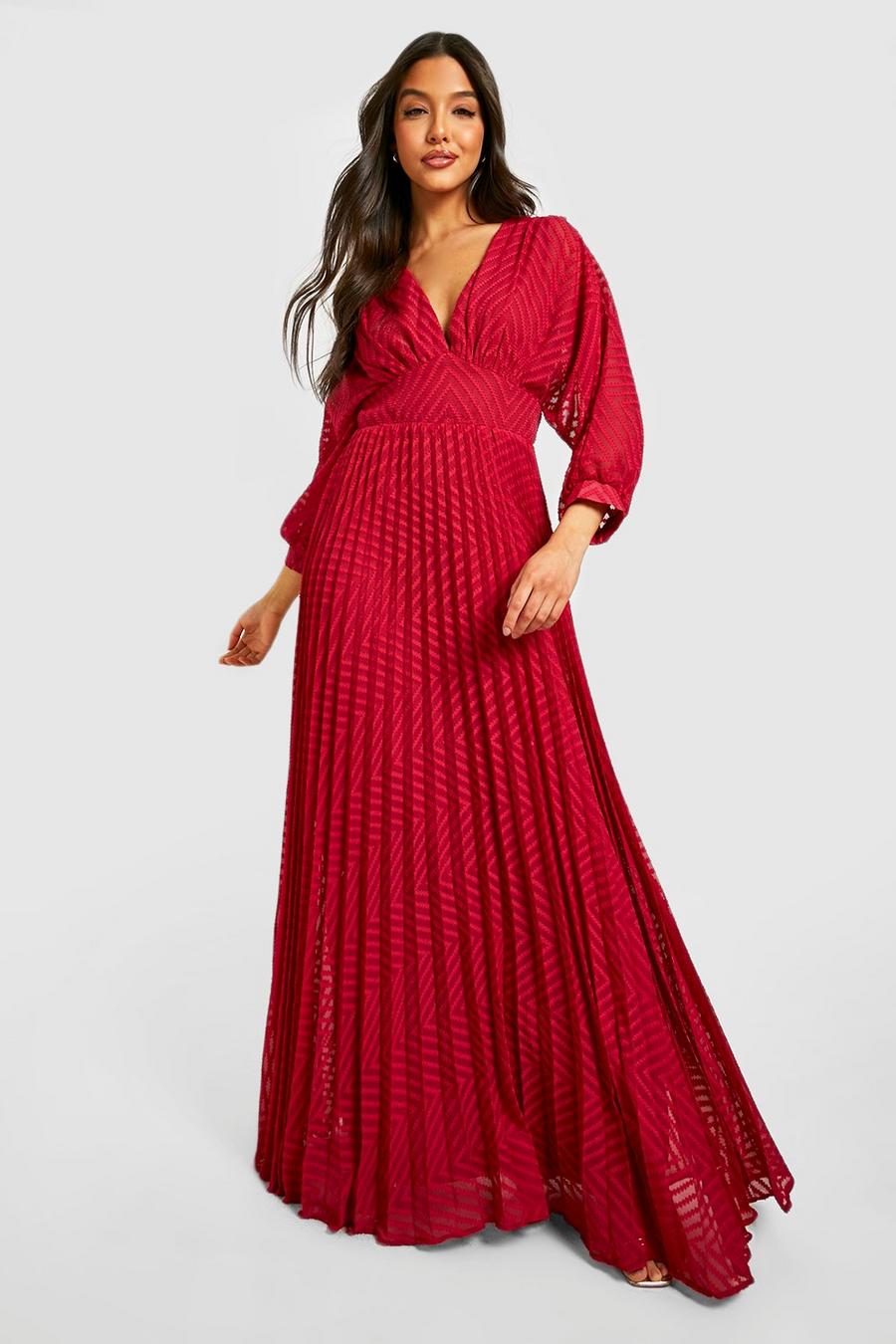 Berry Dobby Mesh Pleated Balloon Sleeve Maxi Dress image number 1