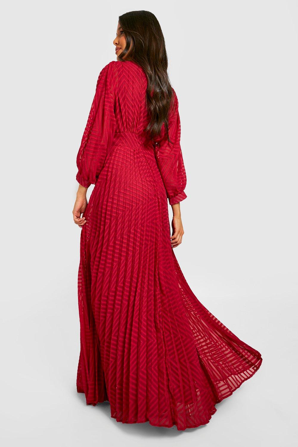 Women's Dobby Mesh Pleated Balloon Sleeve Maxi Dress