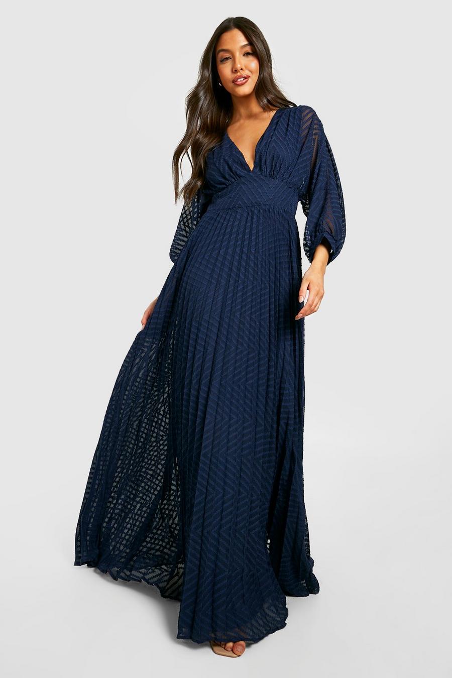 נייבי שמלת מקסי מבד רשת דובי עם קפלים ושרוולי בלון