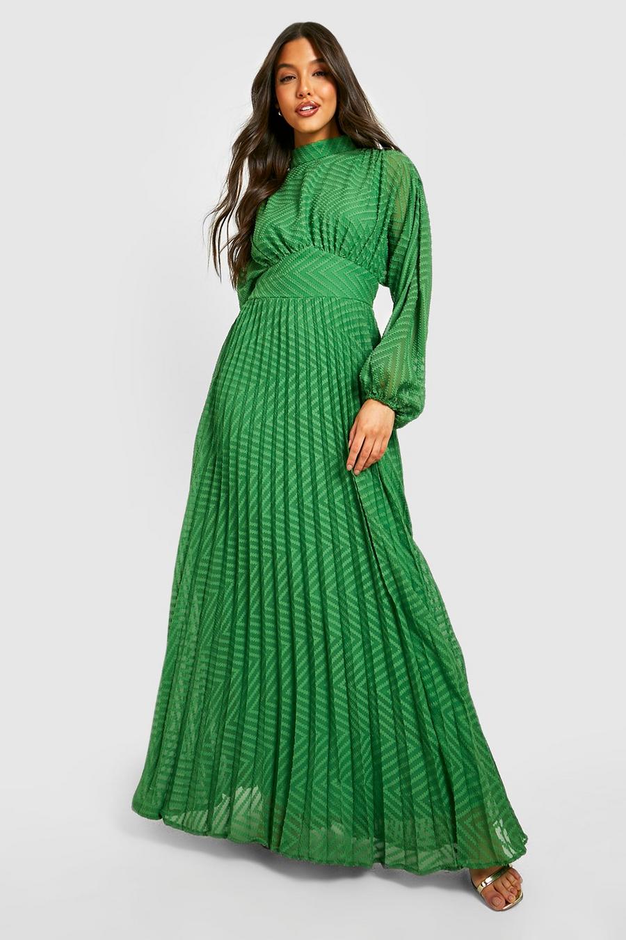 Green Dobby Mesh Pleated High Neck Maxi Dress