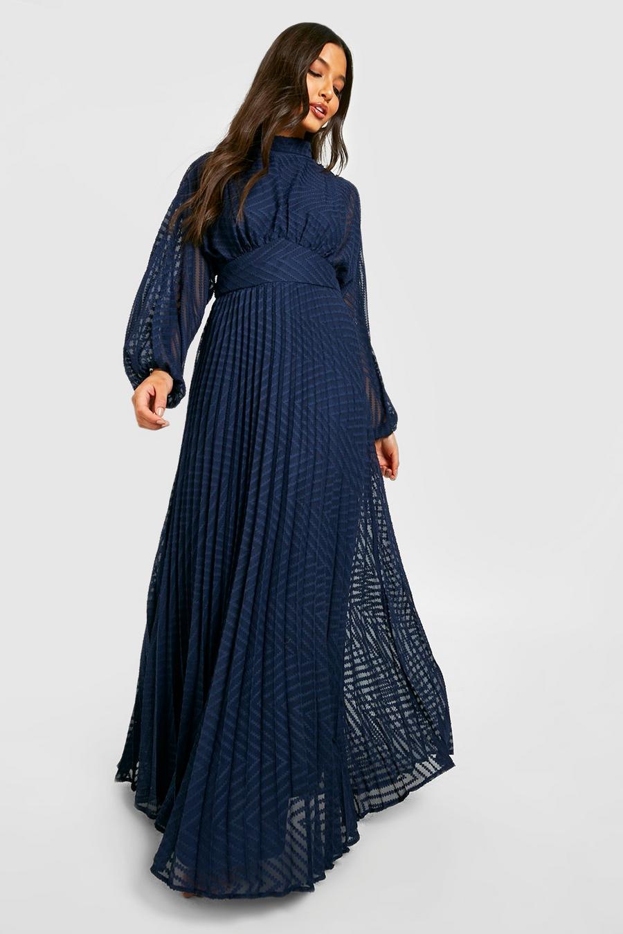 Navy Dobby Mesh Pleated High Neck Maxi Dress image number 1
