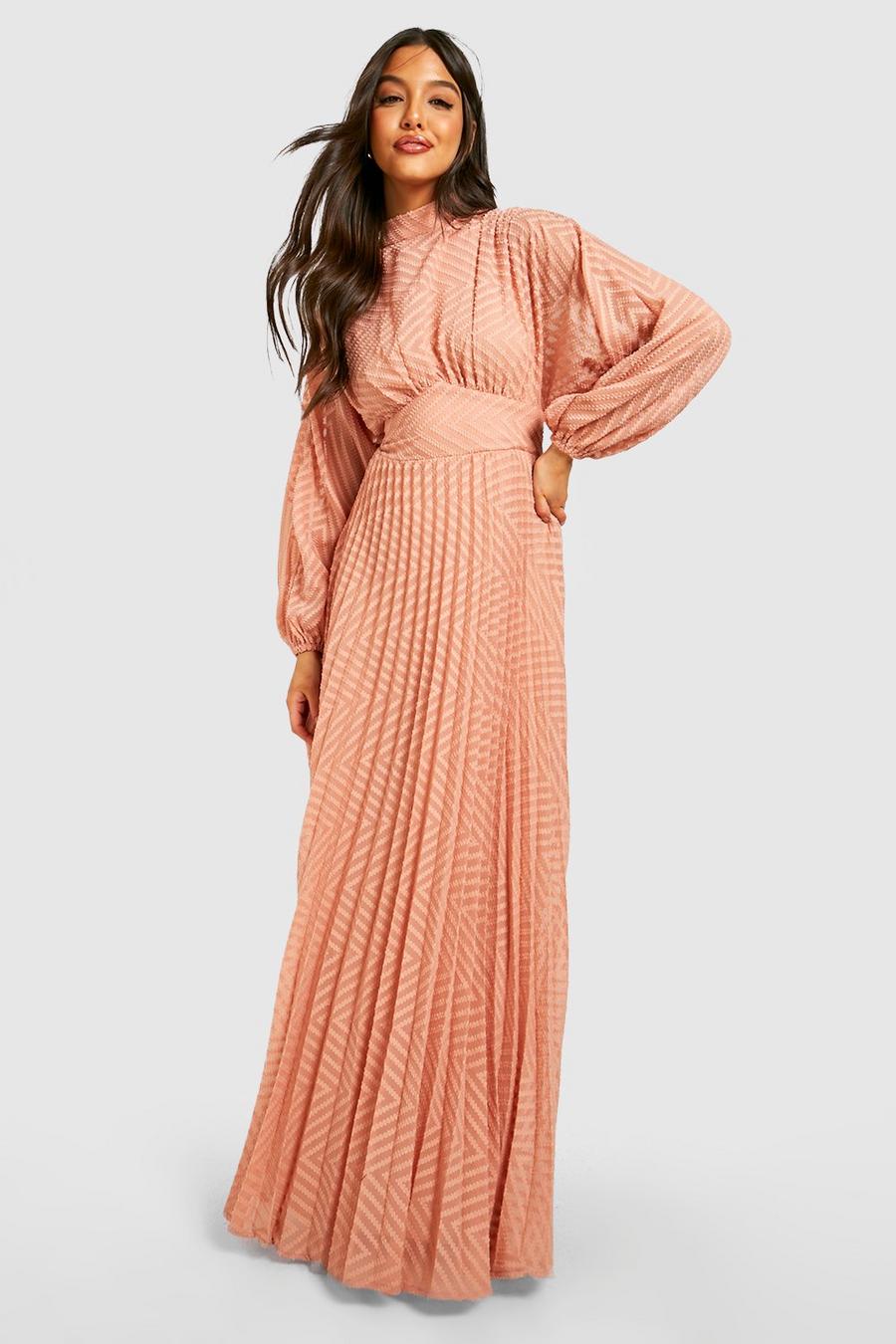 Rose pink Dobby Mesh Pleated High Neck Maxi Dress