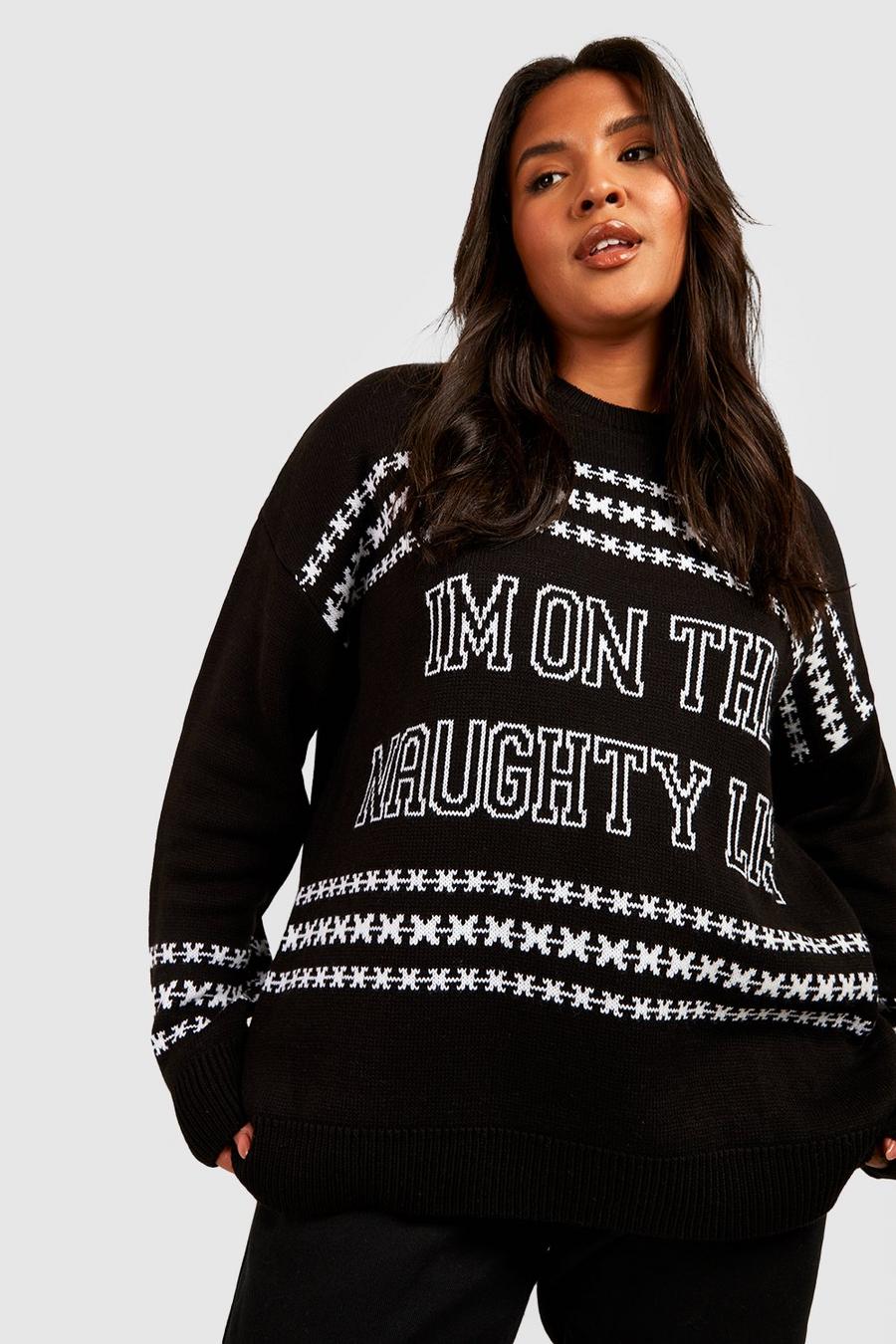Grande taille - Pull de Noël à slogan Naughty List, Black