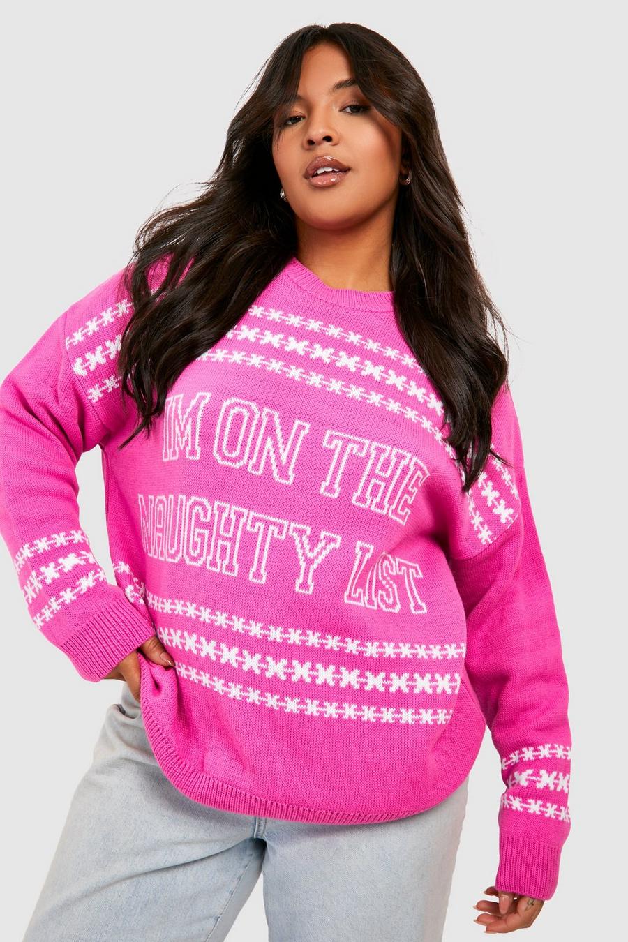 Grande taille - Pull de Noël à slogan Naughty List, Hot pink image number 1
