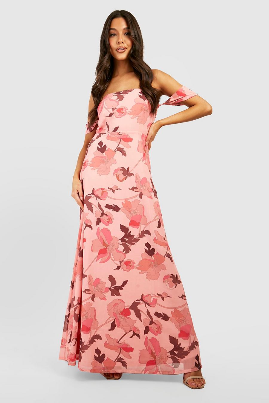 Pink Floral Off The Shoulder Maxi Dress image number 1