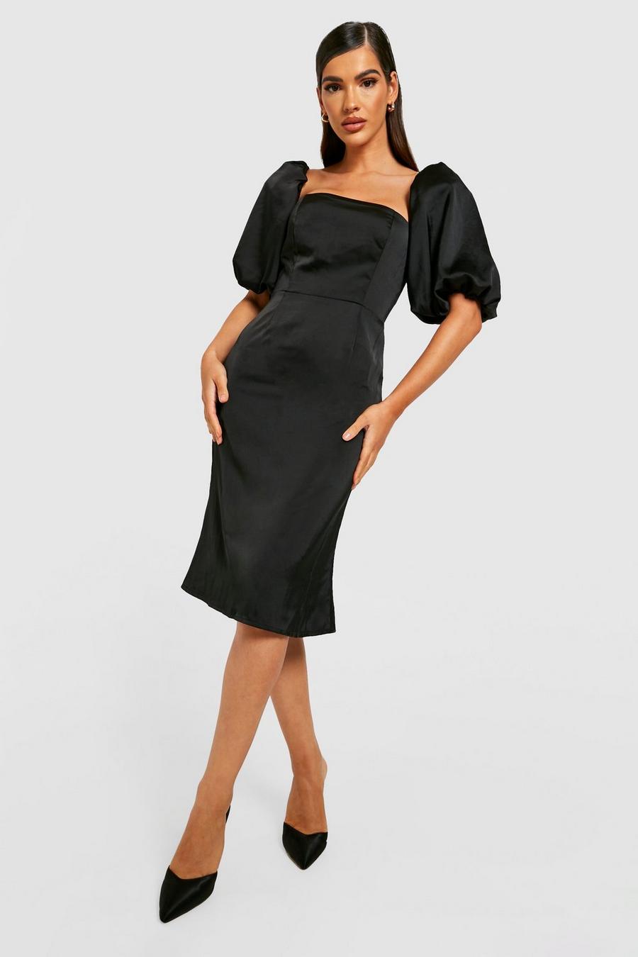 Black Structured Puff Sleeve Satin Midi Dress  image number 1