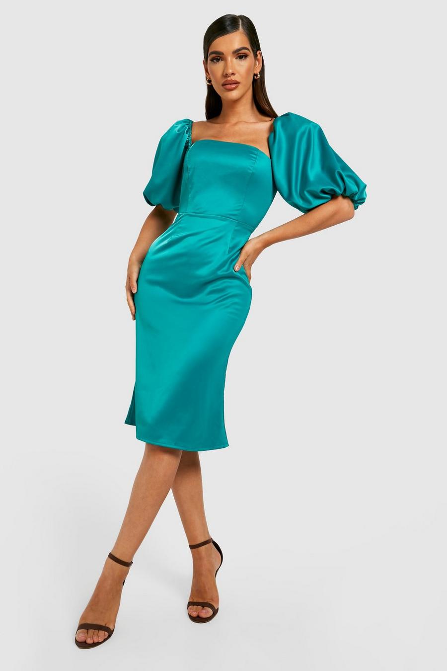 Green Structured Puff Sleeve Satin Midi Dress  image number 1