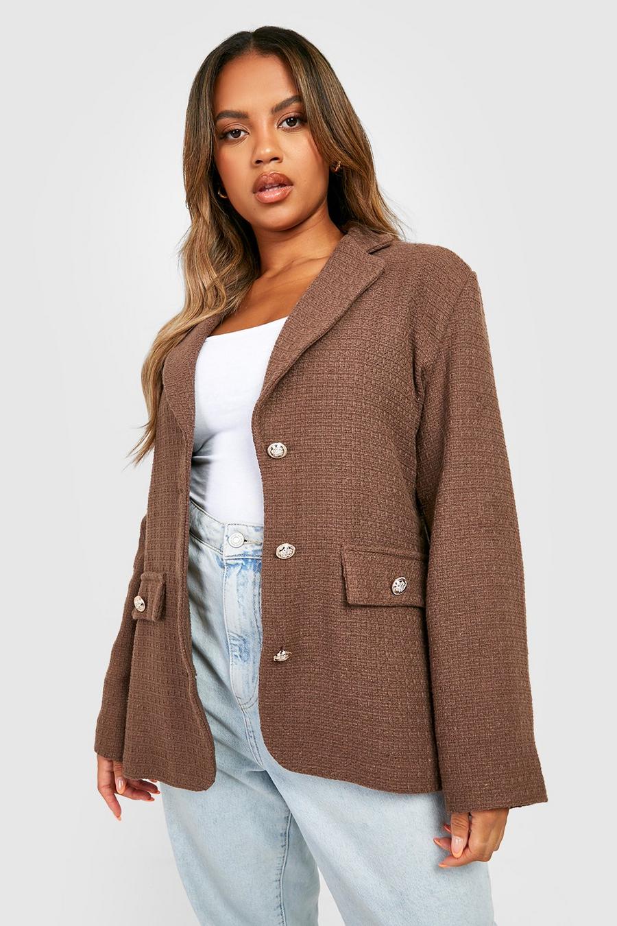 Chocolate brown Plus Boucle Double Breasted Blazer