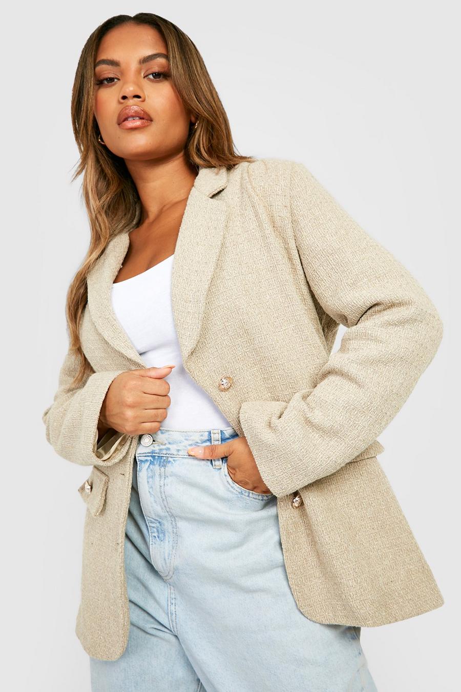 Stone beige Plus Boucle Double Breasted Blazer