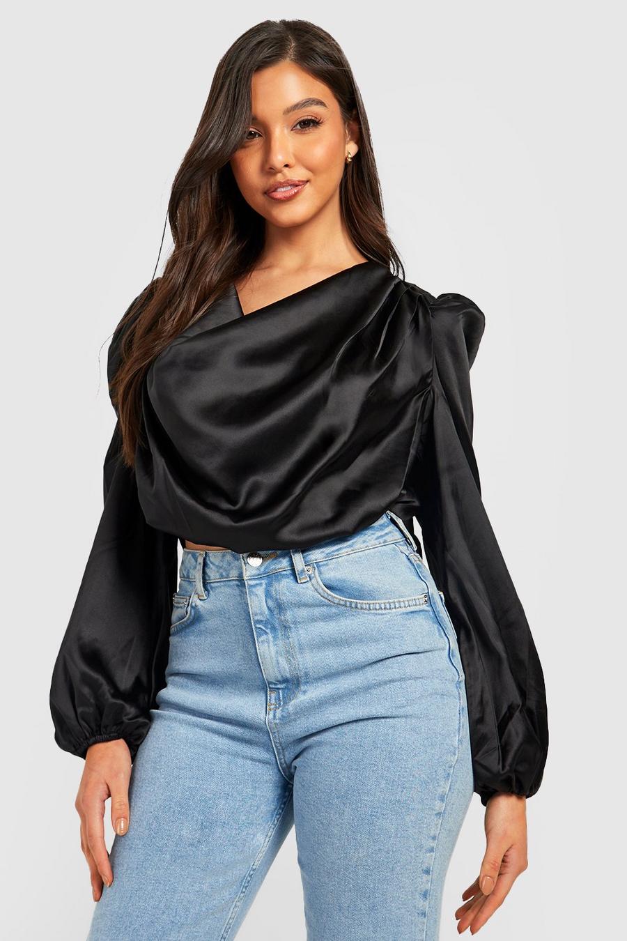 Black Cowl Front Puff Sleeve Satin Top image number 1