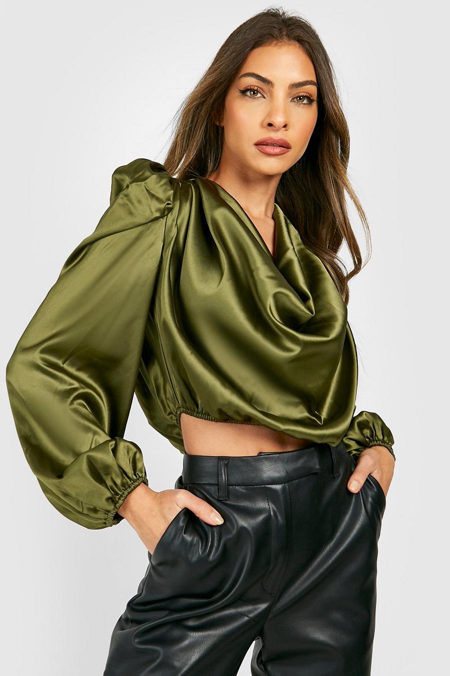 Olive green Cowl Front Puff Sleeve Satin Top