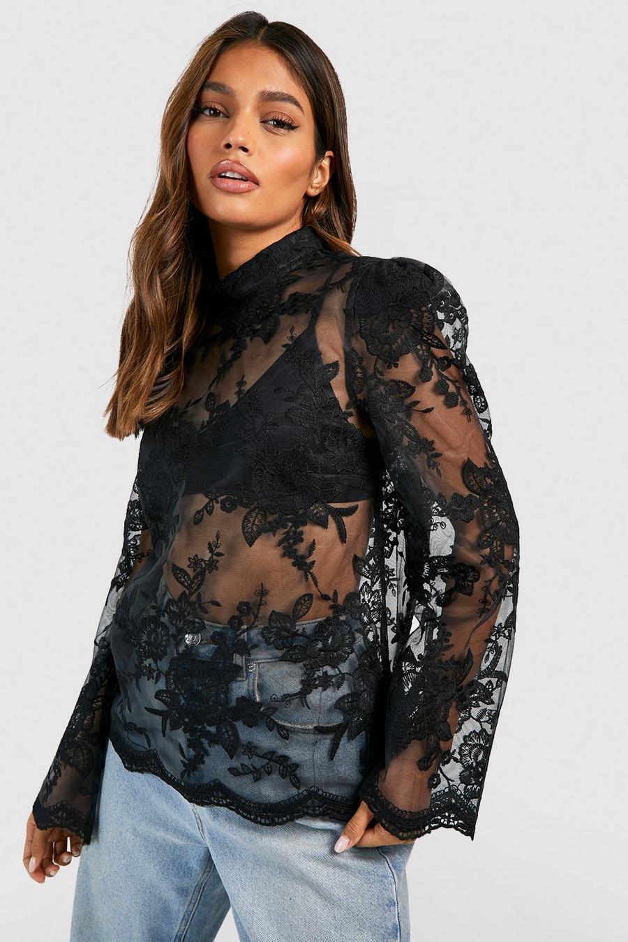 Black Organza Lace Long Sleeve Top image number 1