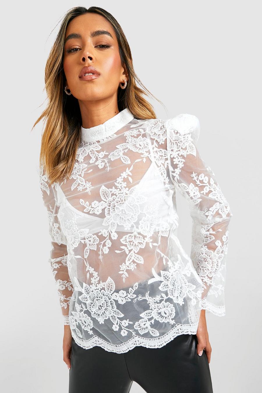 White Organza Lace Long Sleeve Top image number 1