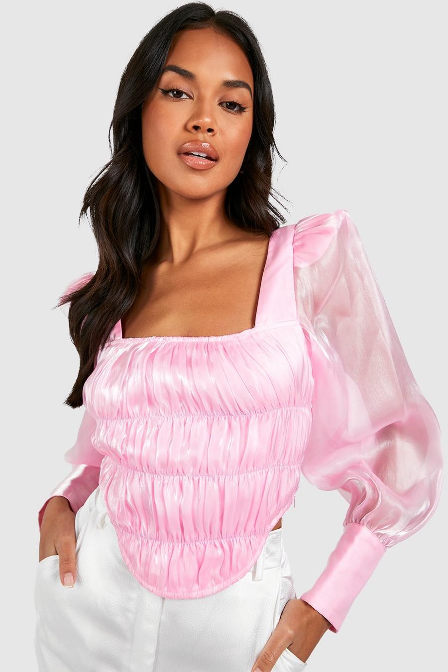 Pink Organza Square Neck Long Sleeve Corset image number 1