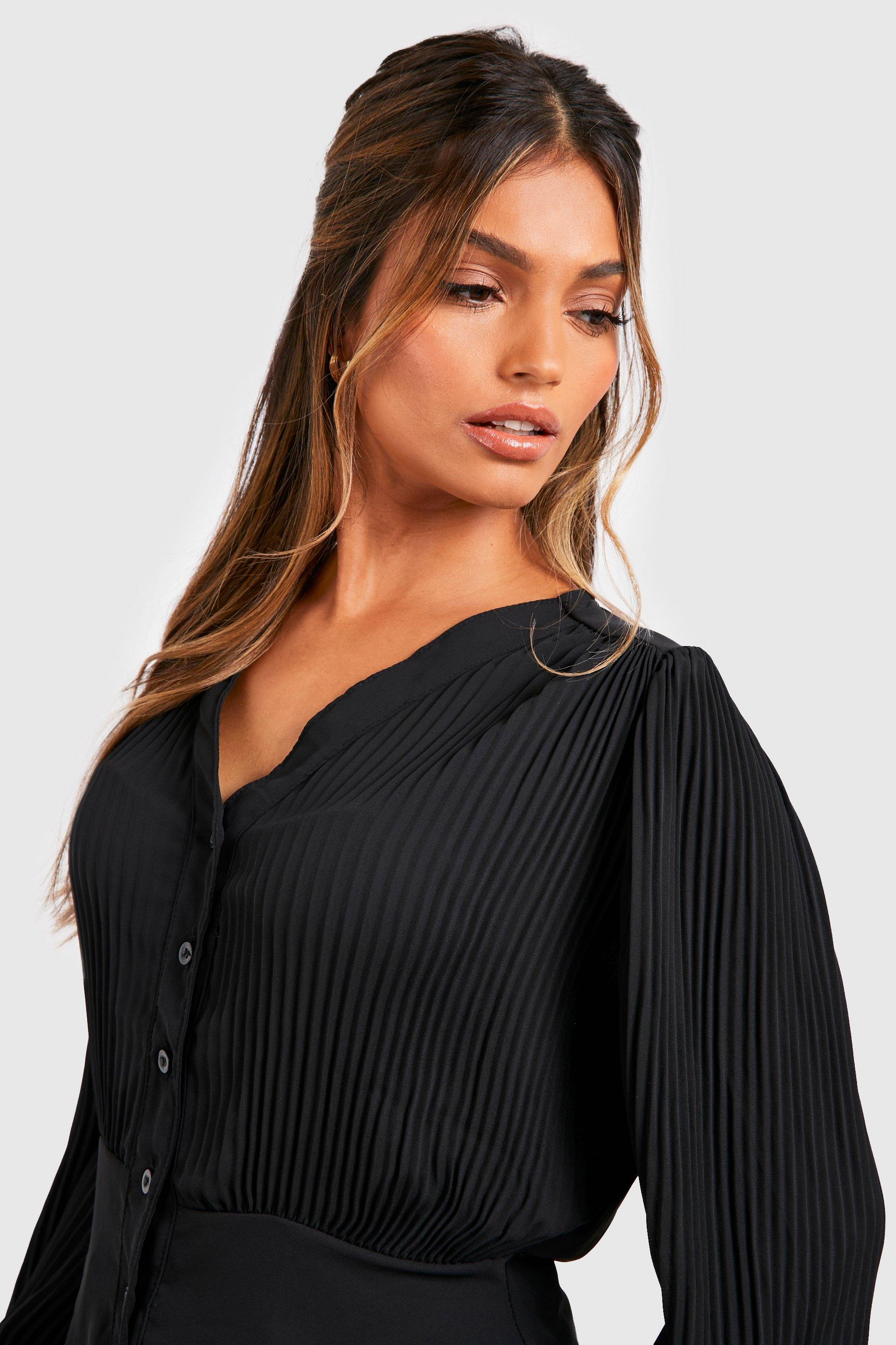 Black Pleated Chiffon Peplum Blouse