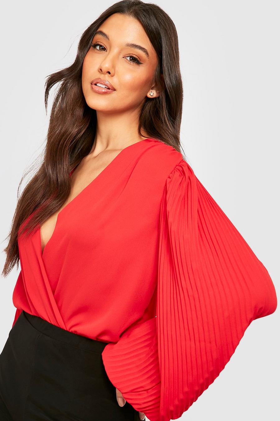 Red Chiffon Pleated Sleeve Wrap Bodysuit image number 1