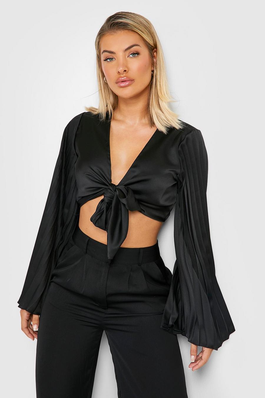 Black Satin Pleated Sleeve Tie Front Blouse image number 1