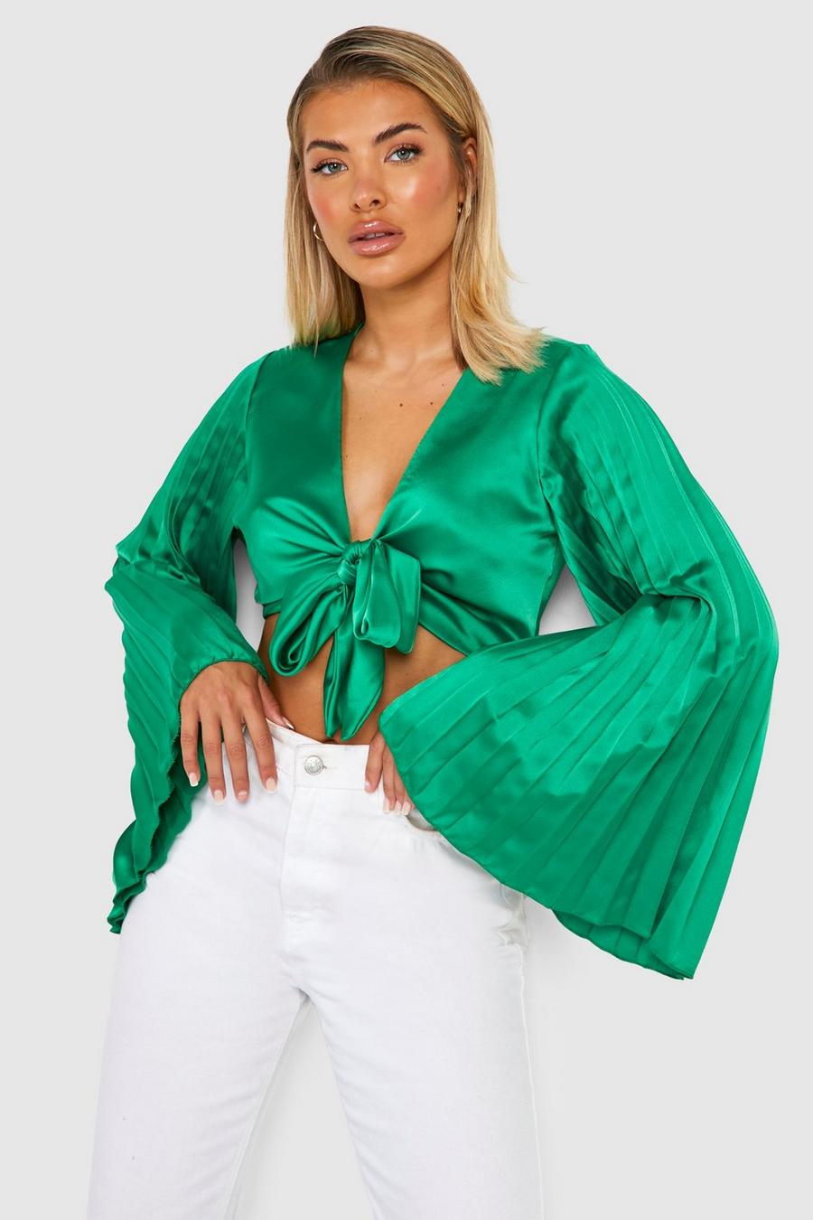 Green Satin Pleated Sleeve Tie Front Blouse image number 1