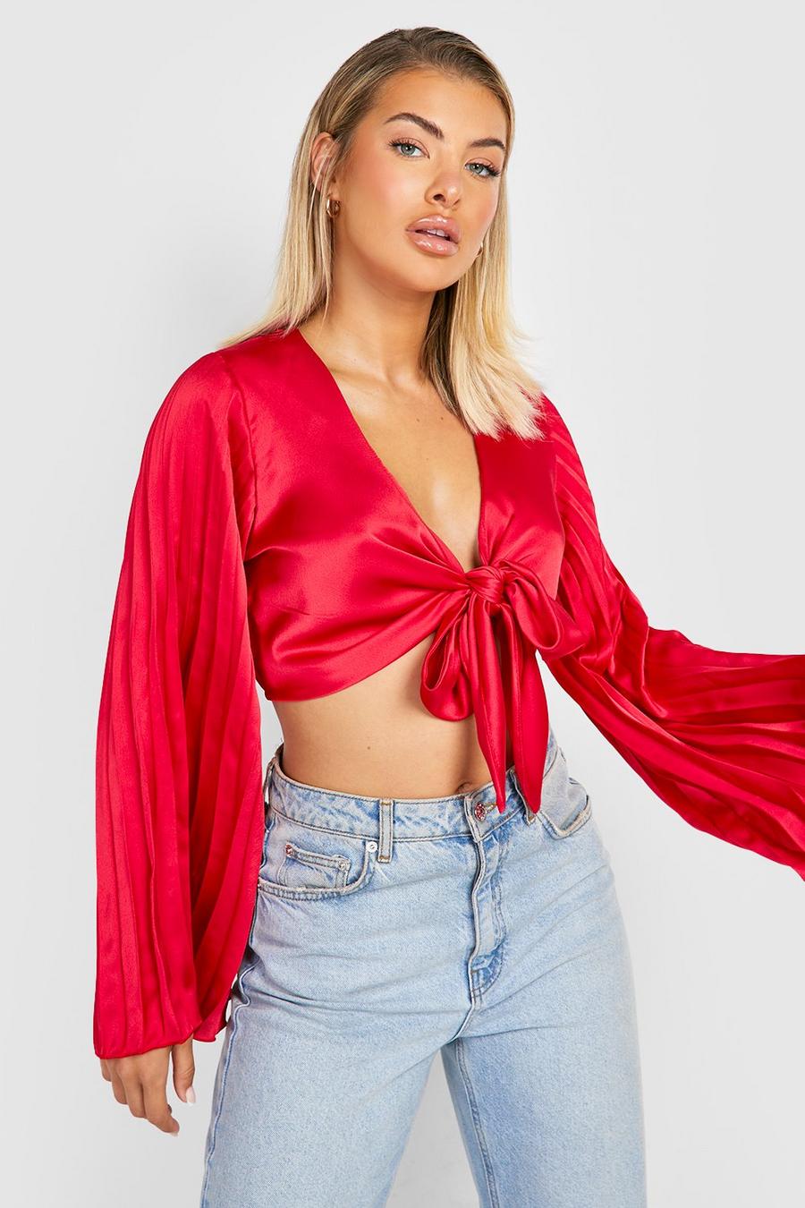 Red Satin Pleated Sleeve Tie Front Blouse image number 1