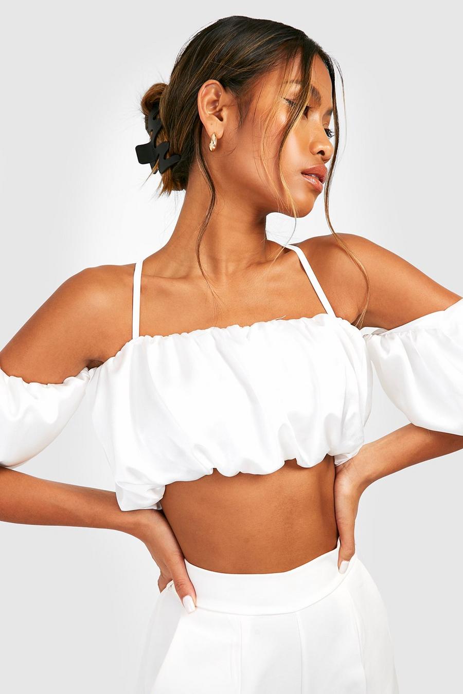 White Ruched Cold Shoulder Satin Crop Top image number 1