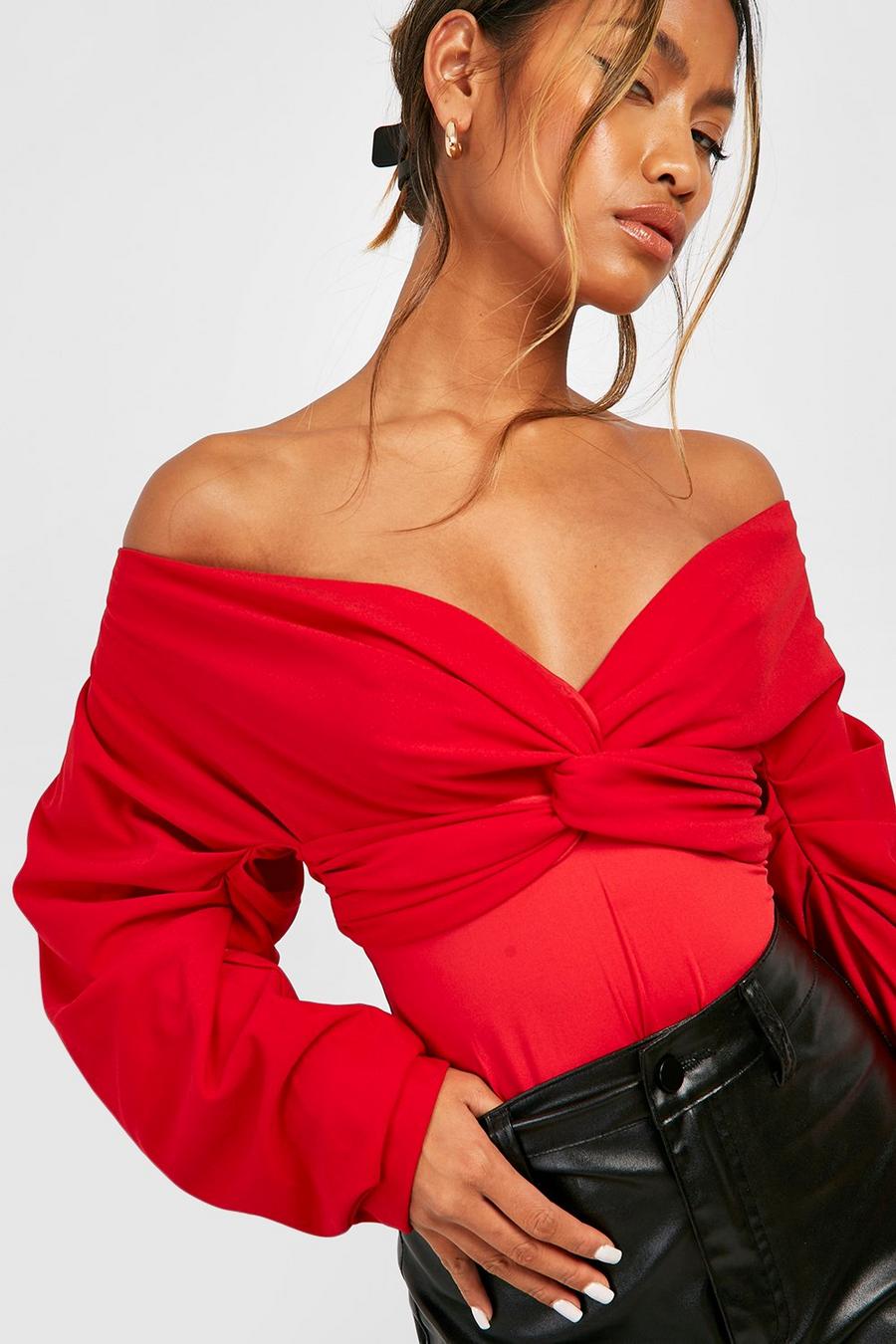 Ruched Satin Bodysuit Going Out Party Top Red –