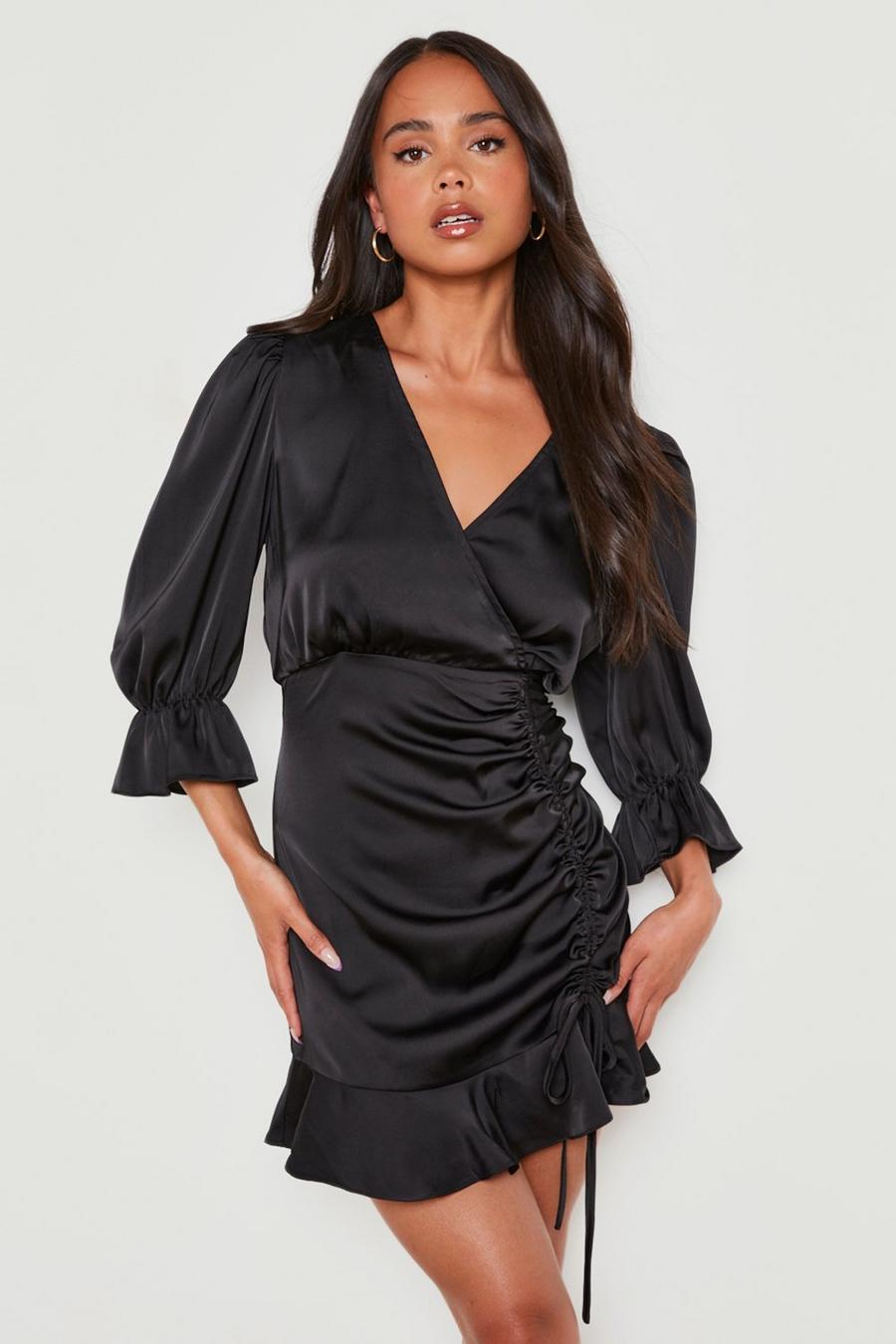 Black noir Petite Satin Ruched Wrap Dress