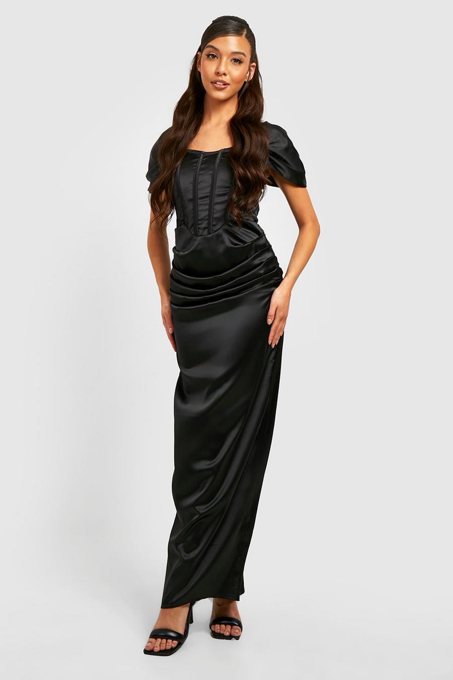 Black Satin Corset Drape Sleeve Maxi Dress image number 1