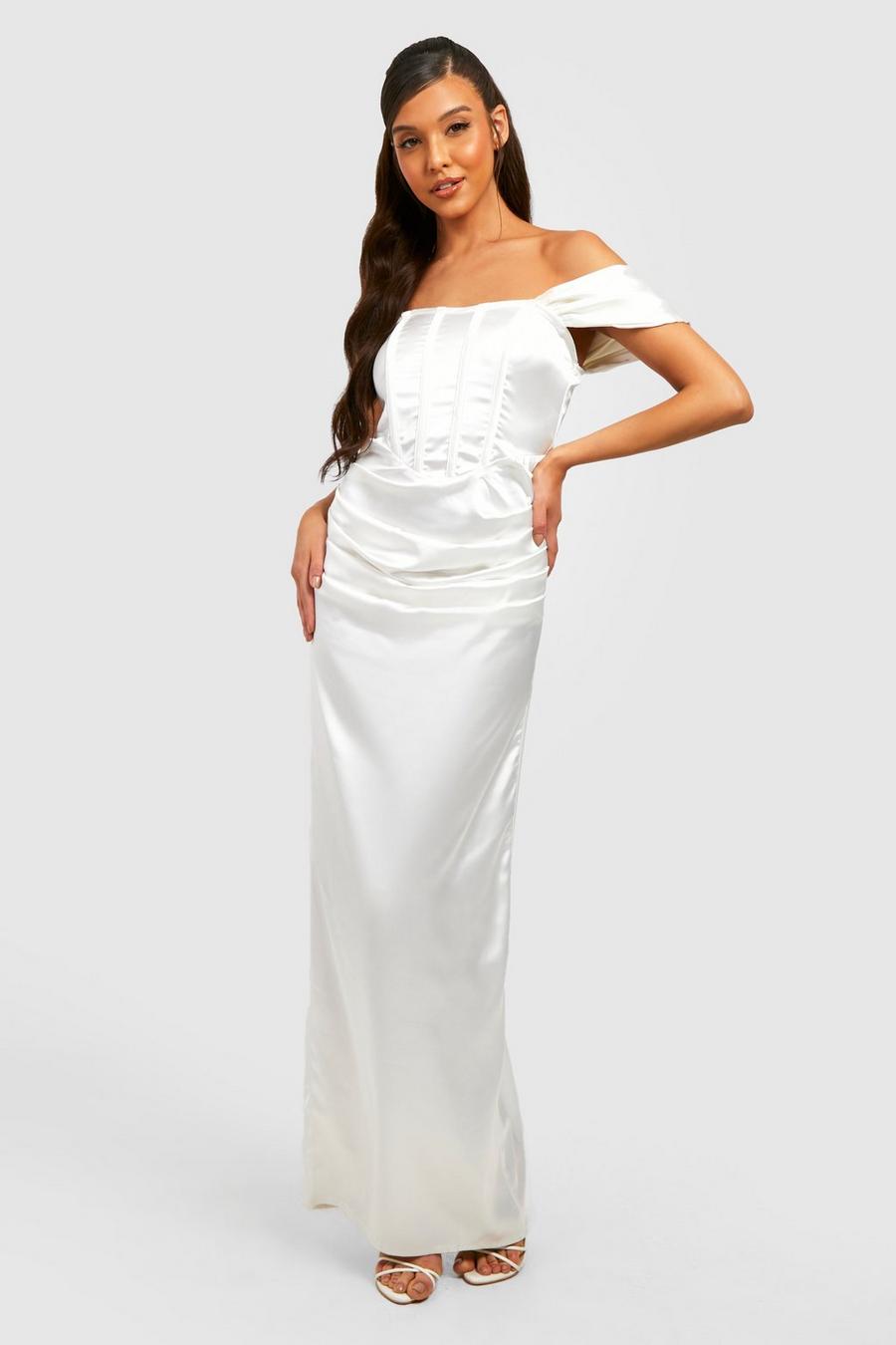 Vestito maxi a corsetto in raso con maniche drappeggiate, White image number 1