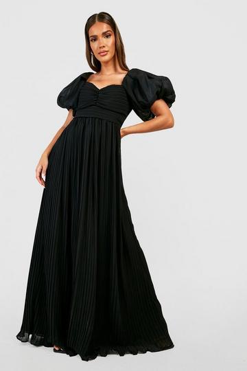 Pleated Chiffon Puff Sleeve Maxi Dress black