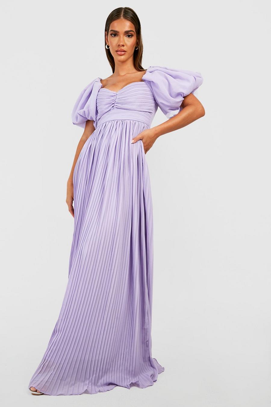 Lilac Pleated Chiffon Puff Sleeve Maxi Dress image number 1
