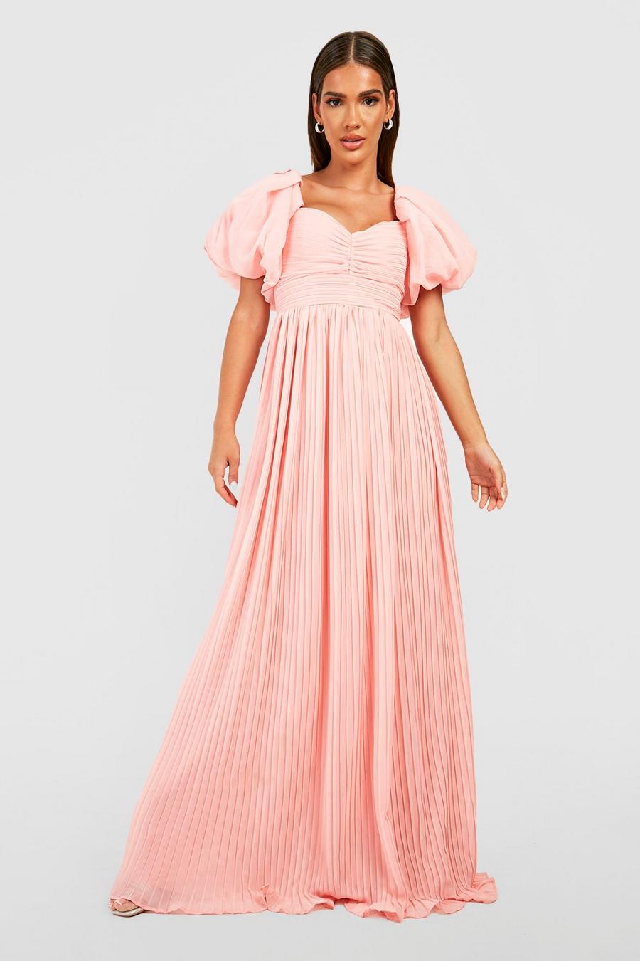 Soft pink rose Pleated Chiffon Puff Sleeve Maxi Dress