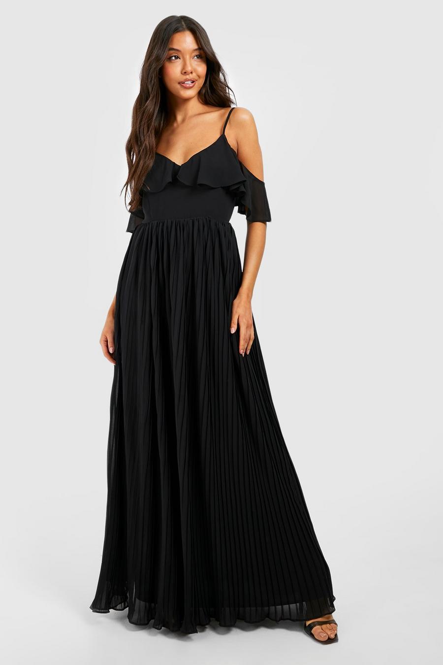 Black Cold Shoulder Pleated Chiffon Maxi Dress image number 1