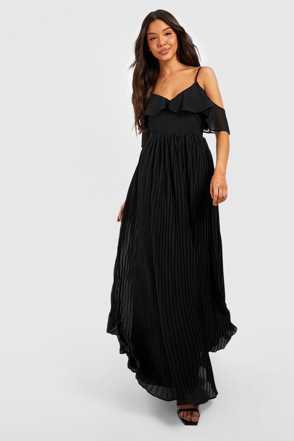 Cold Shoulder Pleated Chiffon Maxi Dress