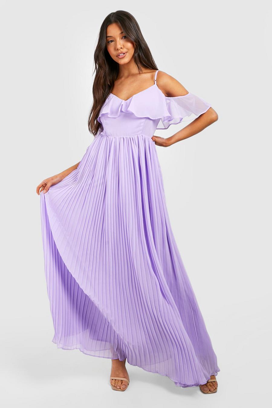 Lilac viola Cold Shoulder Pleated Chiffon Maxi Dress