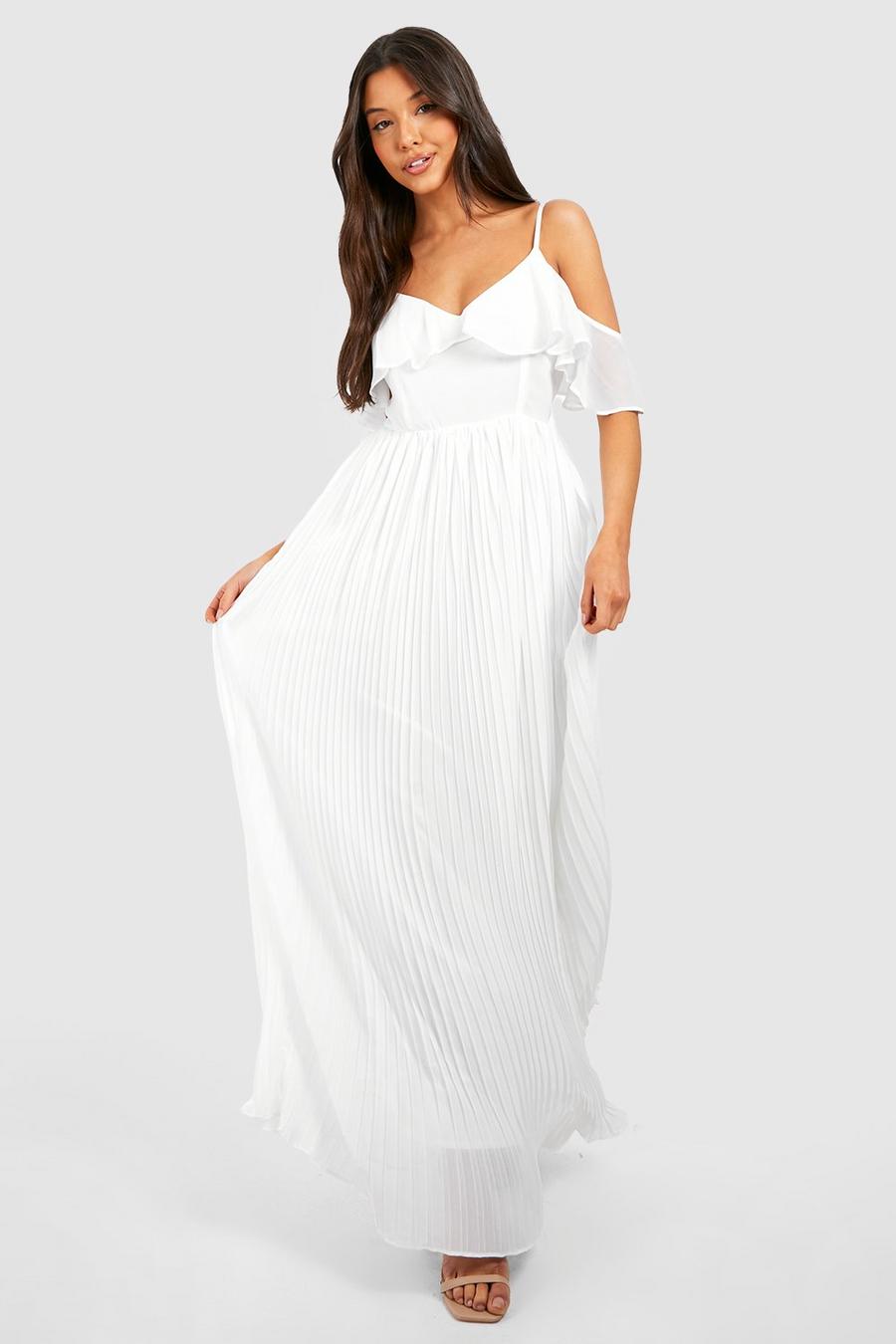 White Cold Shoulder Pleated Chiffon Maxi Dress image number 1