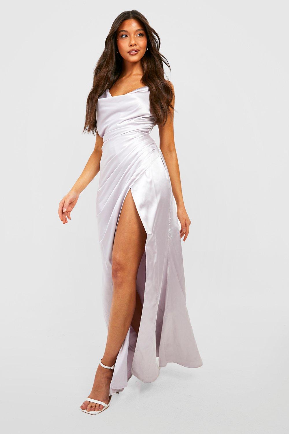 Silver satin cowl neck cheap dress