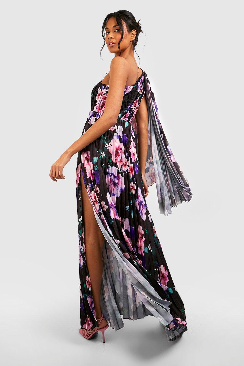 Women's Pleated Floral Satin Asymmetric Maxi Dress | Boohoo UK
