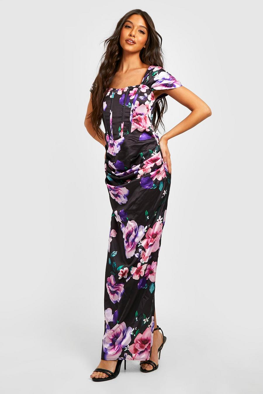 Black Floral Satin Corset Detail Maxi Dress image number 1