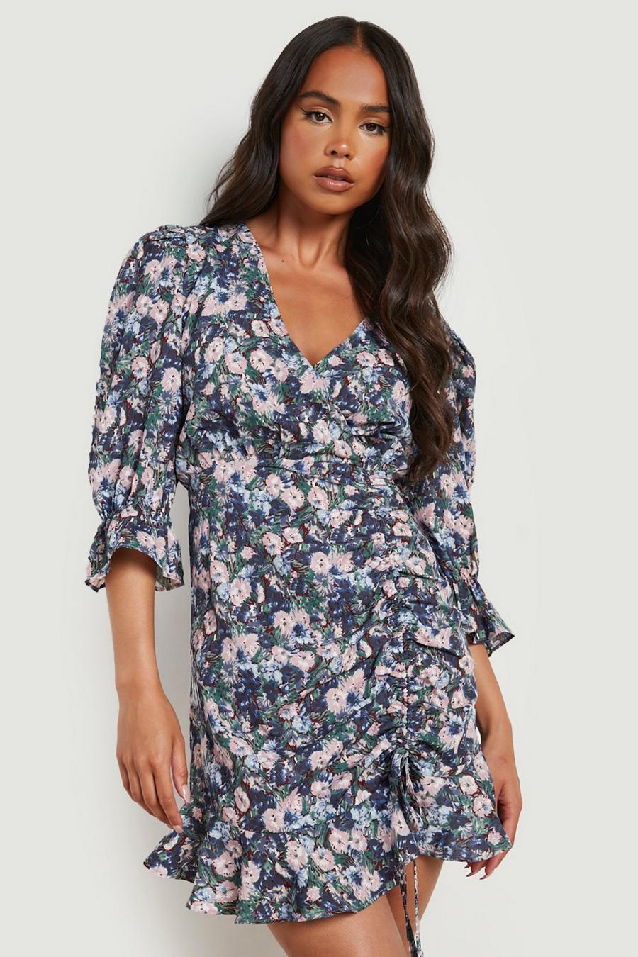 Navy Petite Floral Ruched Wrap Dress image number 1