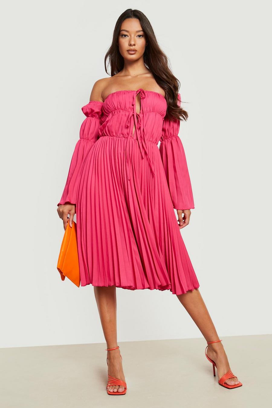 Hot pink Wrap Pleated Midi Skater Dress image number 1