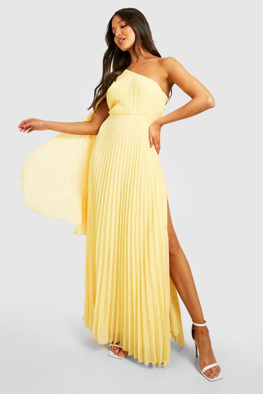 Lemon yellow Pleated Chiffon Asymmetric Maxi Dress