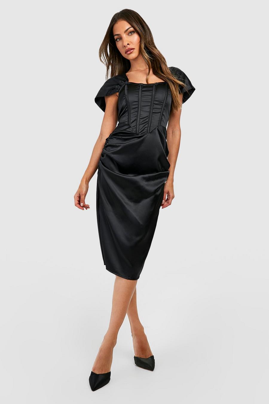 Black Satin Corset Drape Sleeve Midi Dress image number 1