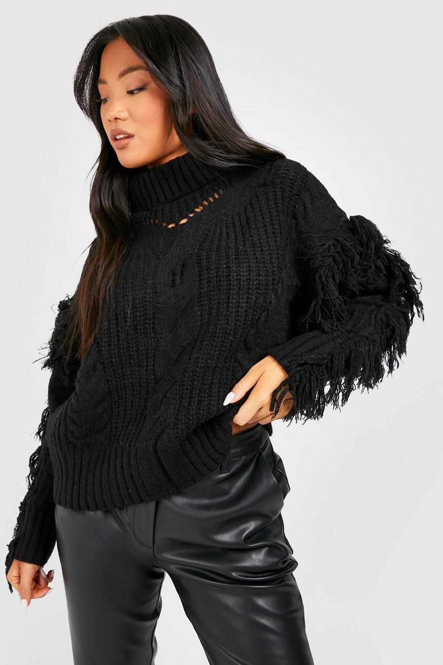 Maglione Petite in maglia intrecciata con nappe e collo alto, Black image number 1