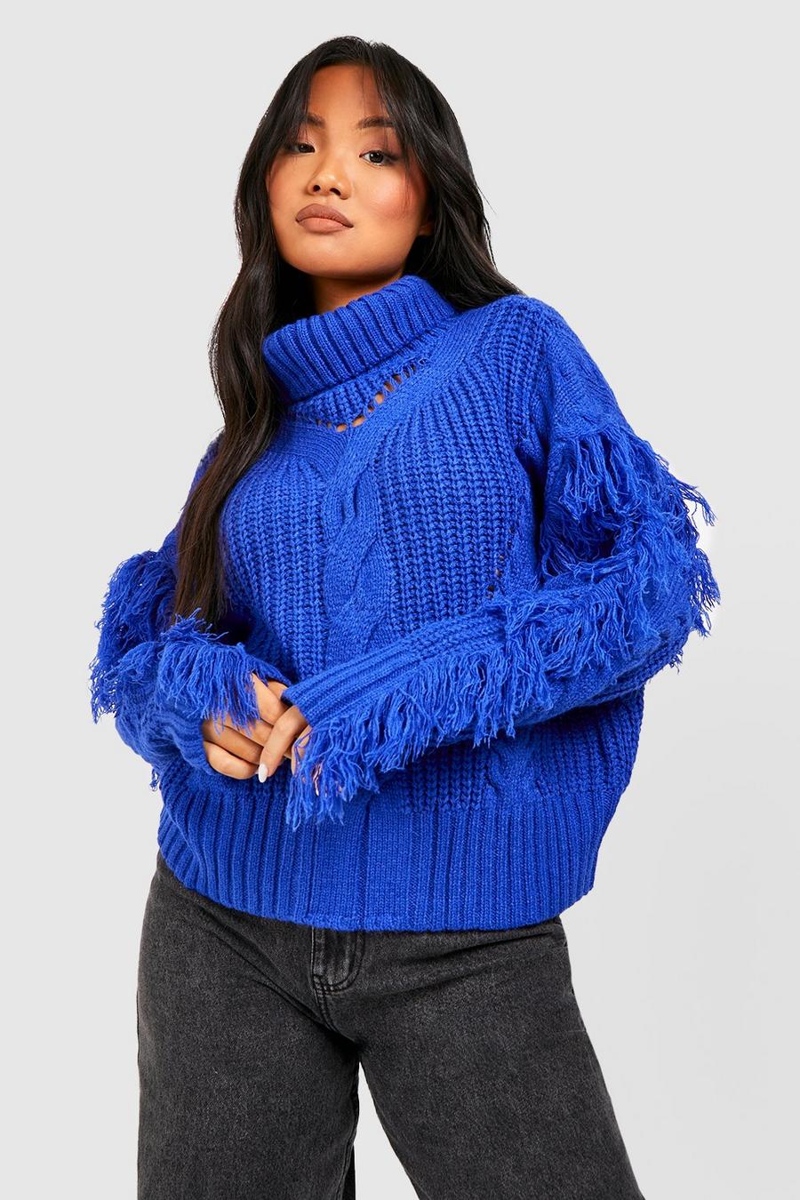Maglione Petite in maglia intrecciata con nappe e collo alto, Cobalt image number 1