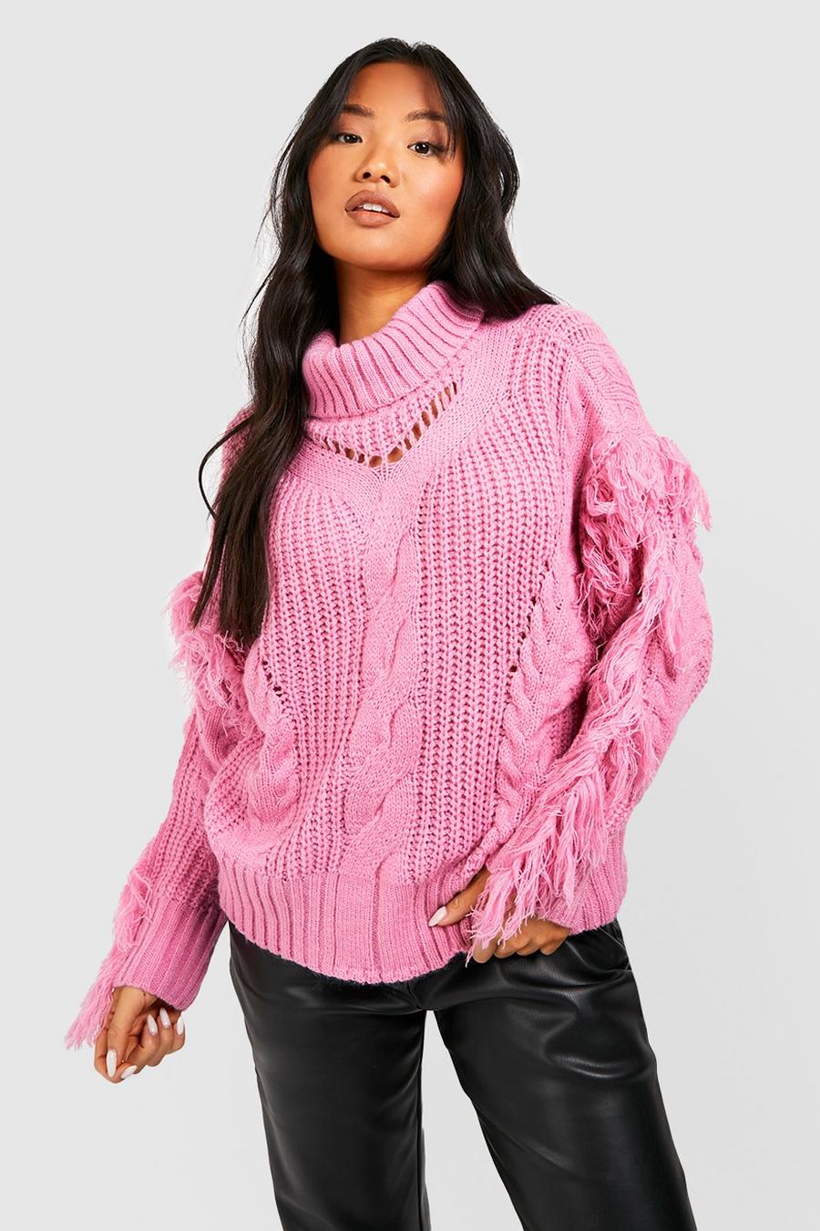 Pink Petite Turtleneck Cable Knit Tassel Sweater image number 1