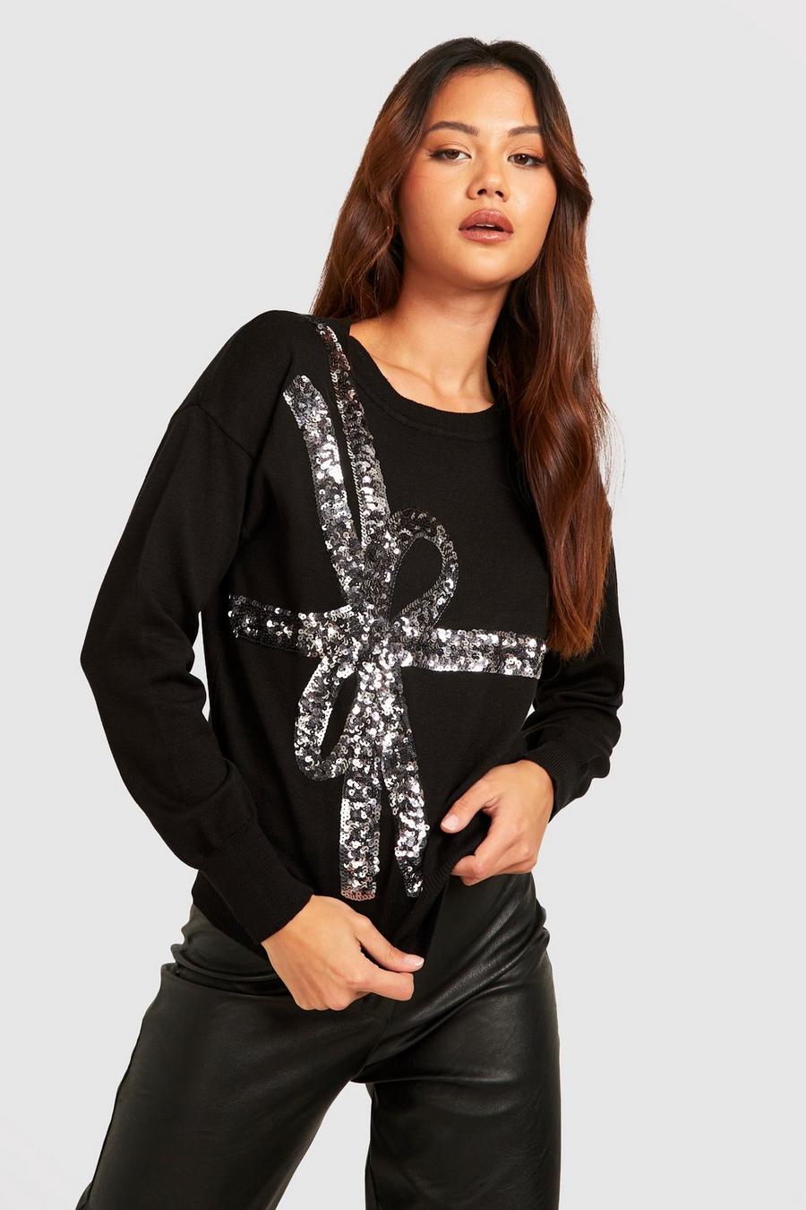 Black Petite Sequin Bow Christmas Jumper  image number 1