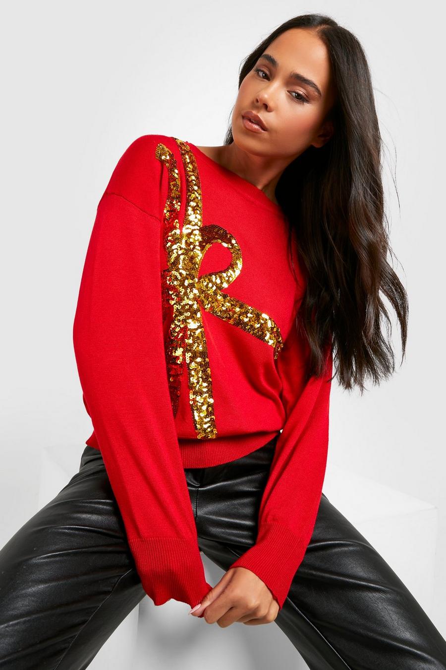 Red Petite Sequin Bow Christmas Jumper  image number 1