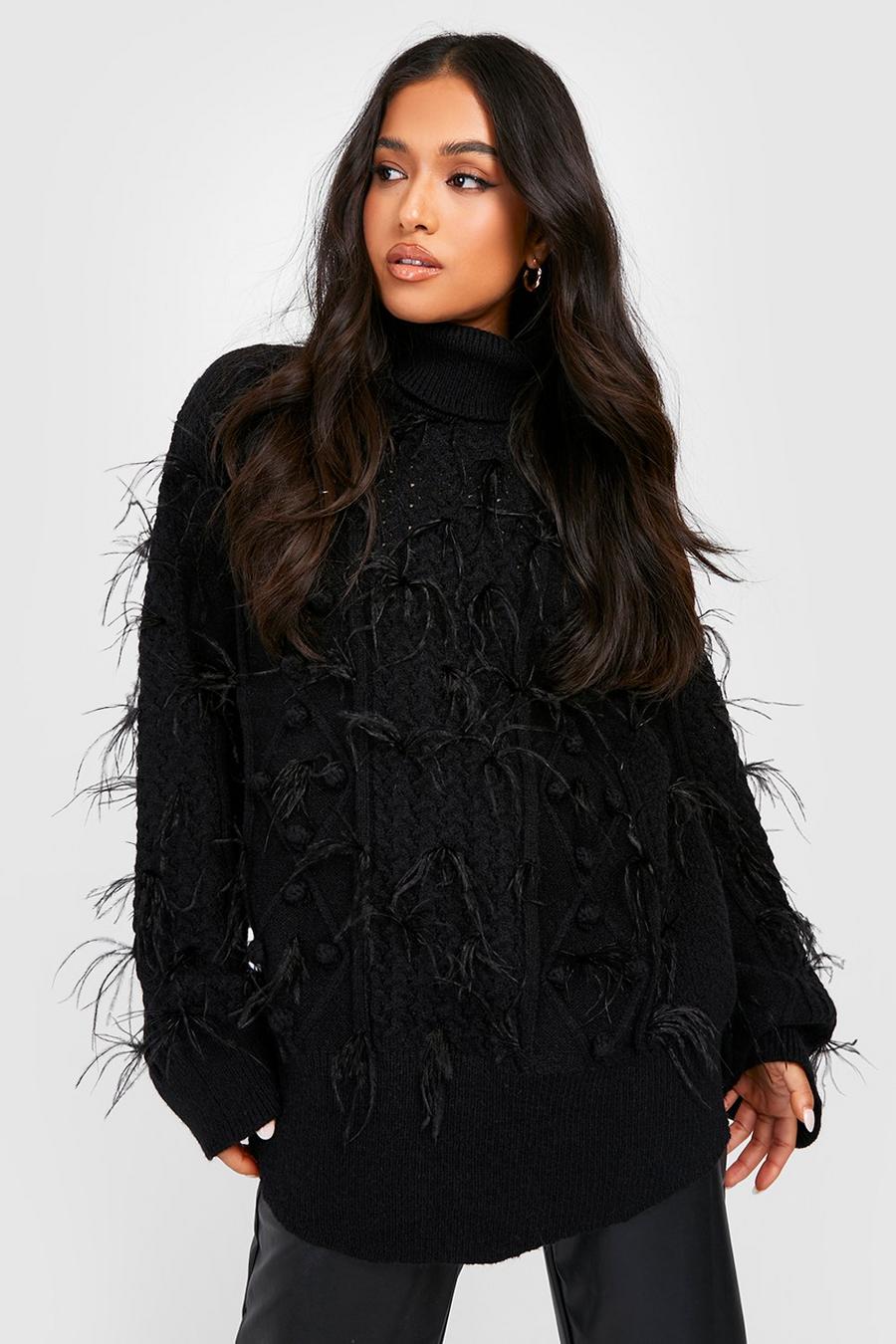 Black Petite Roll Neck Feather Cable Knit Jumper image number 1